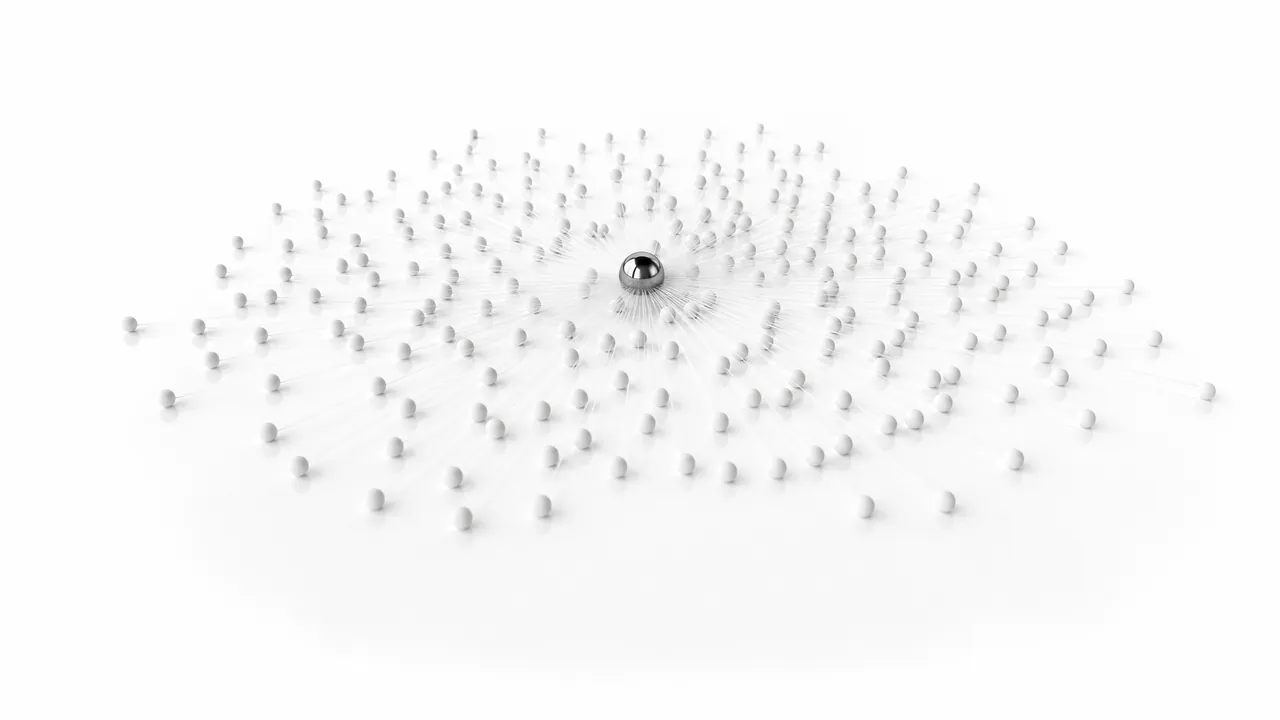 One chrome sphere joined by fine glass rods to a wide field of hundreds of small white spheres spreading outward.